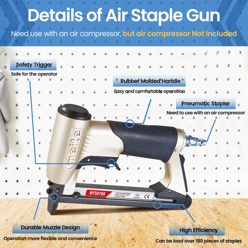 meite Upholstery Stapler with Safety Trigger, for 20 Gauge 1/2-Inch Crown Staples, Heavy-Duty Pneumatic Staple Gun for Woodworking, Professional and DIY Projects (Model MT5016S) - Image 5